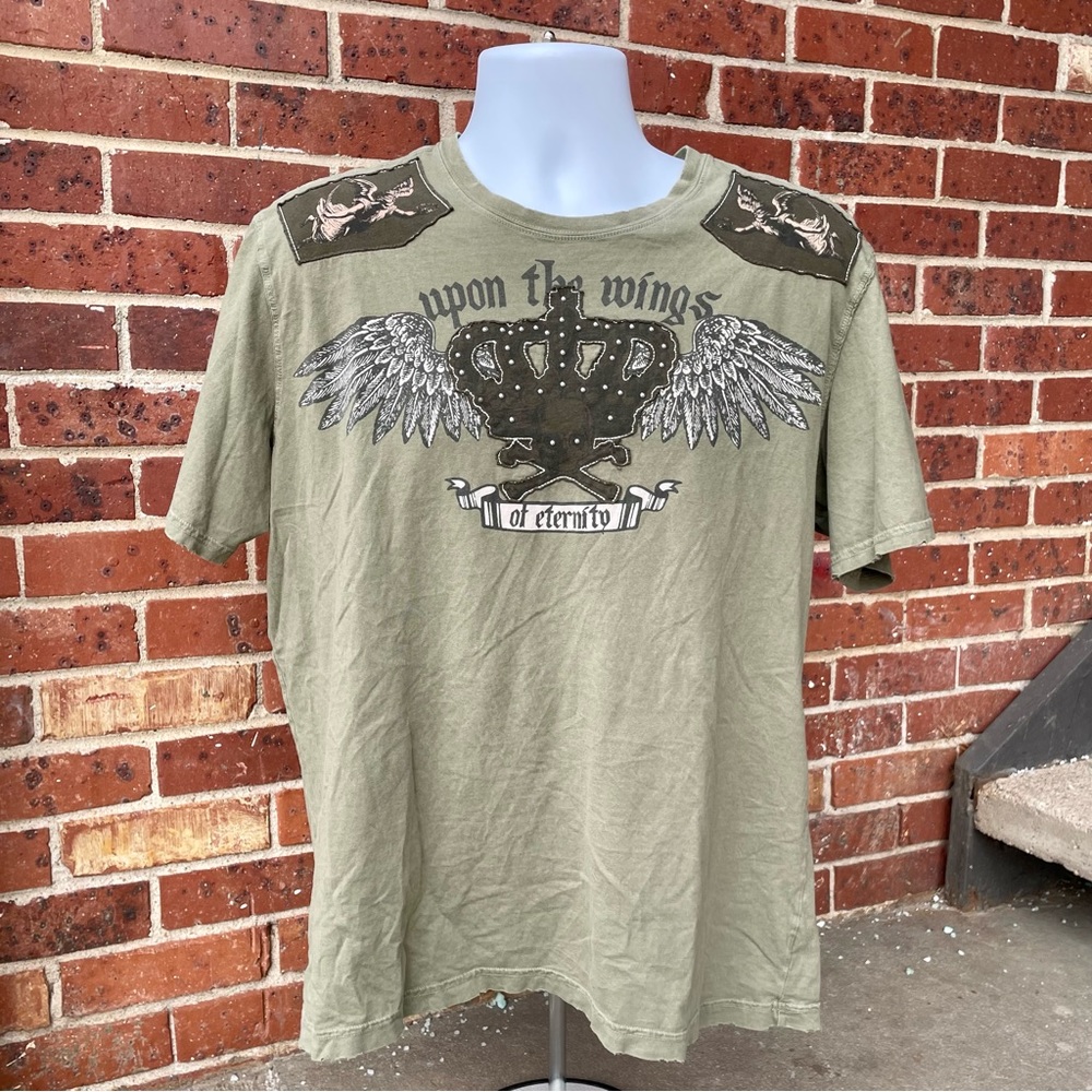 Green Distressed Embellished T-Shirt XL Wings Crown Unbranded Short Sleeve Top